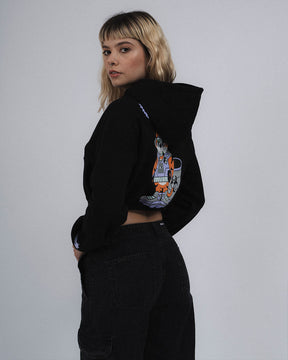 CELESTIAL CAT RADIANCE BLACK CROP HOODIE