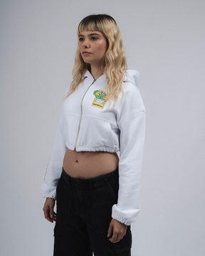 WHITE LEAFY ESCAPES RIBBED CROP HOODIE