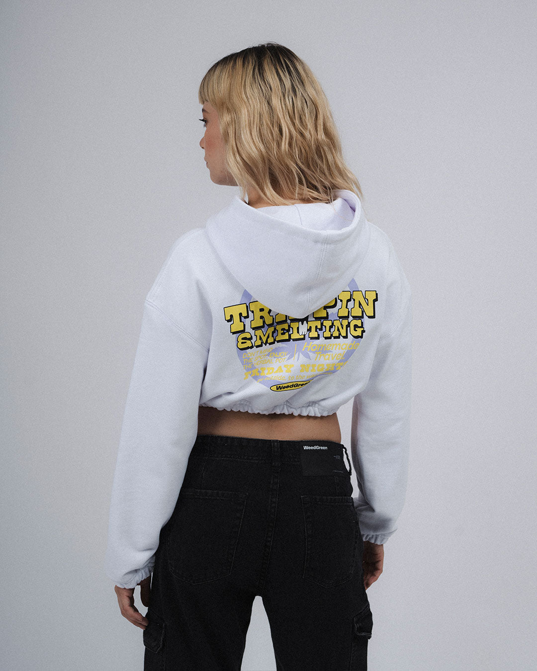 WHITE LEAFY ESCAPES RIBBED CROP HOODIE