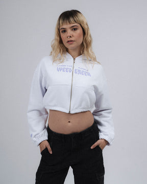 CELESTIAL CAT RADIANCE WHITE ROUNDED CROP HOODIE