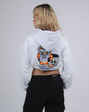 CELESTIAL CAT RADIANCE WHITE ROUNDED CROP HOODIE