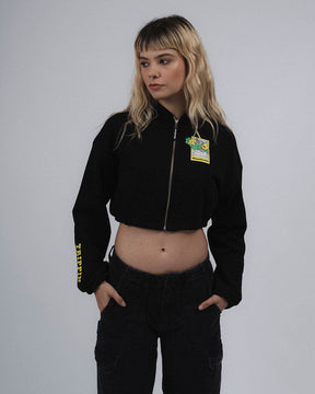 BLACK LEAFY ESCAPES RIBBED CROP HOODIE