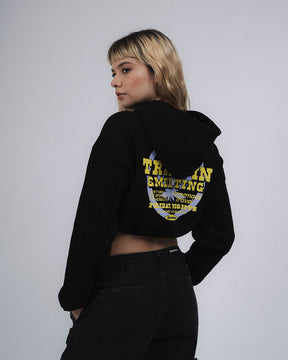 BLACK LEAFY ESCAPES RIBBED CROP HOODIE