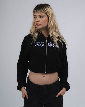 HOODIE CROP ENRESORTADO CELESTIAL CAT RADIANCE  NEGRO