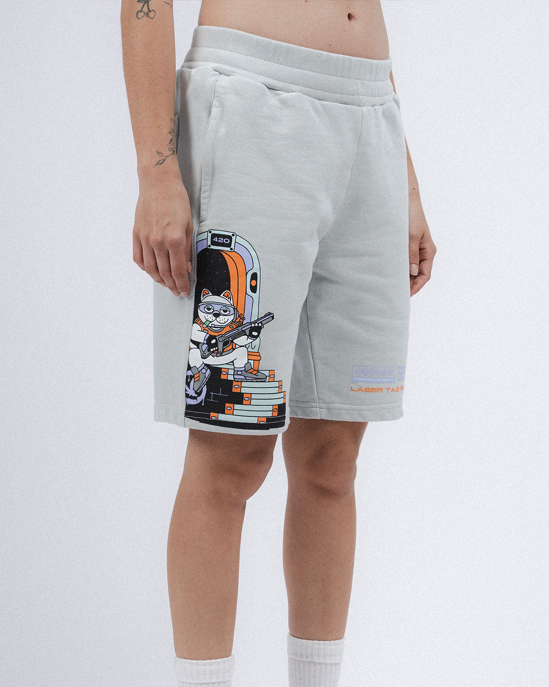 COMFY CHRONICLES OF THE FELINE GALAXY GRAY BERMUDA SHORTS