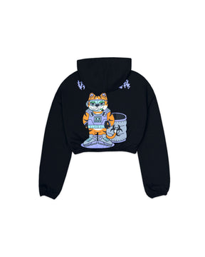 CELESTIAL CAT RADIANCE BLACK CROP HOODIE