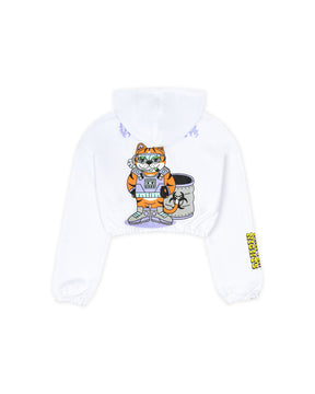 CELESTIAL CAT RADIANCE WHITE ROUNDED CROP HOODIE