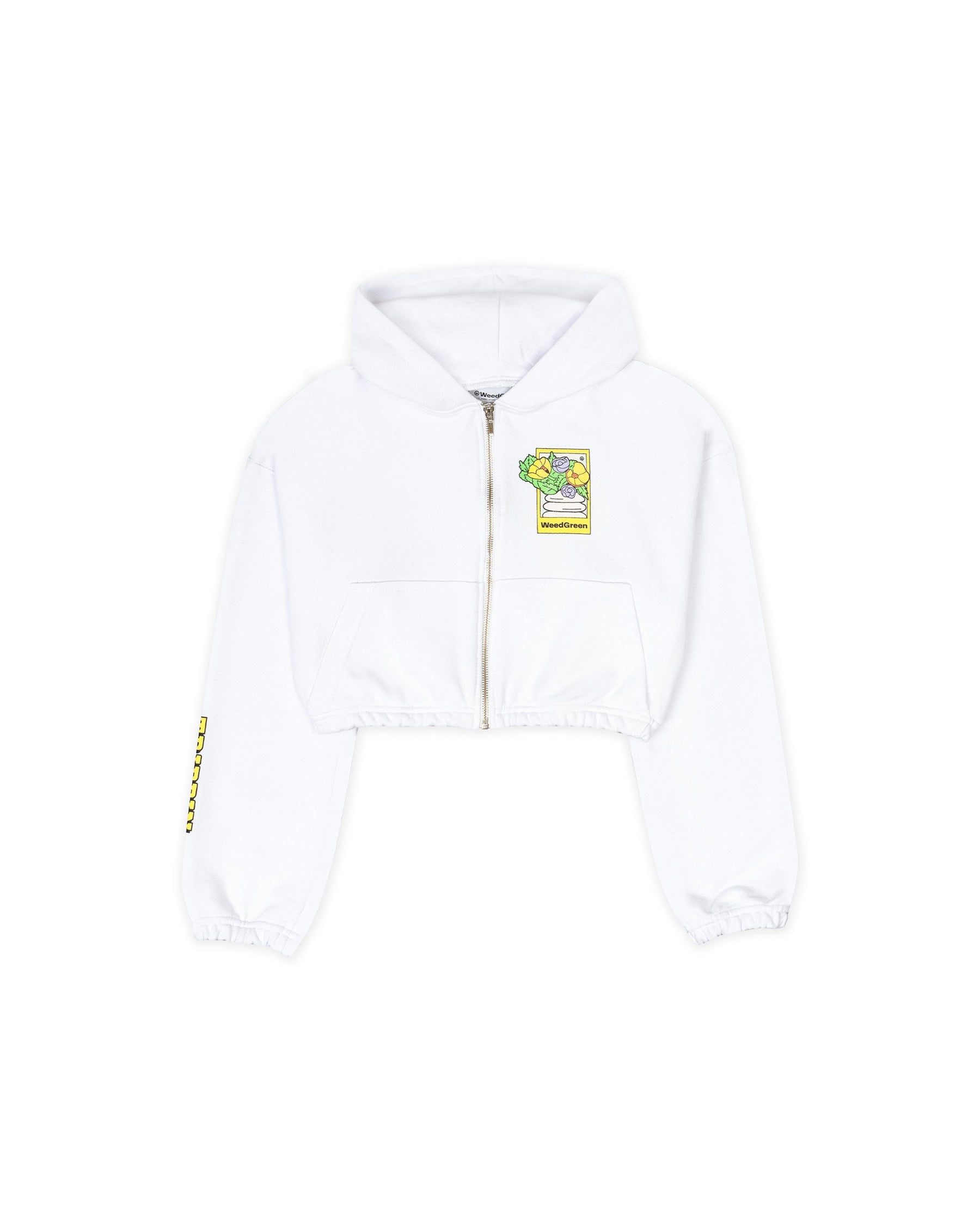 WHITE LEAFY ESCAPES RIBBED CROP HOODIE