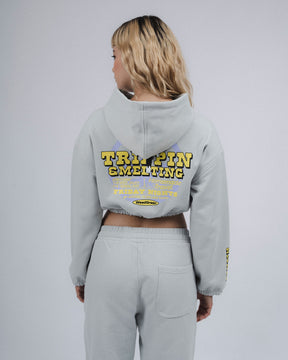 GRAY LEAFY ESCAPES CRIMPED CROP HOODIE